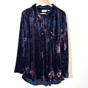 Belle Kim Gravel Crushed Velvet Floral Button Up Shirt Size 1X Navy Glam Mature
